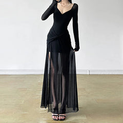 V-Neck Asymmetrical Hem Gothic Full-Length Dress Black / S