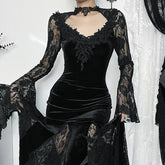 Flower Lace Mesh Transparent Long Dress Black / S