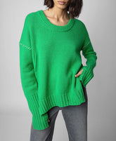 Hand-Woven Loose O-Neck Slit Hem Green Autumn Winter Christmas Sweater / S Sweaters-L