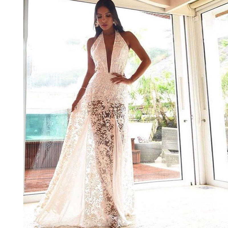 Long backless white evening dress