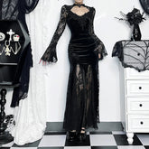 Delicate Fishtail Hollow V-neck Midi Dress Black / S