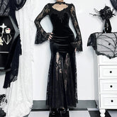 Gloomy Lace Fishtail Tiny Slim Midi Dress Black / S