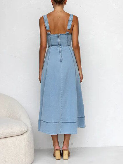 Denim Suspender Casual Charming Button Midi Dress
