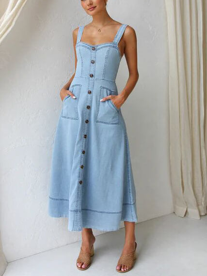 Denim Suspender Casual Charming Button Midi Dress