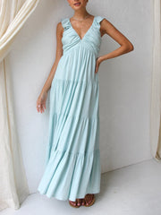 Ruffled Flying Sleeves Smocked Graceful Back Tiered Vacation Maxi Dress