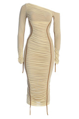 Amelisse - Off-Shoulder Two-Layer Mesh Midi Dress