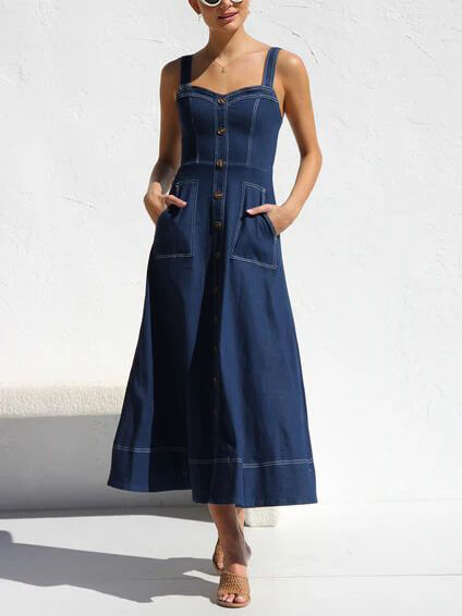 Denim Suspender Casual Charming Button Midi Dress