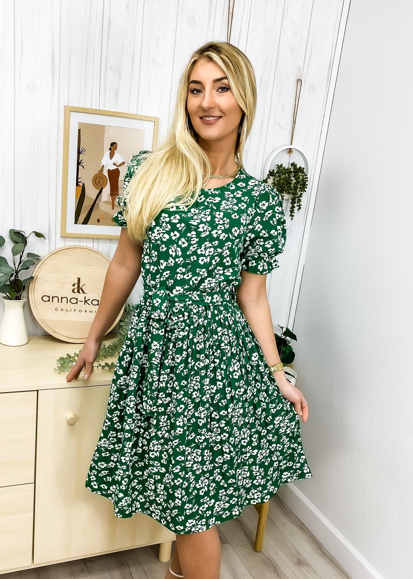 Floral Pleated Neck Dress
