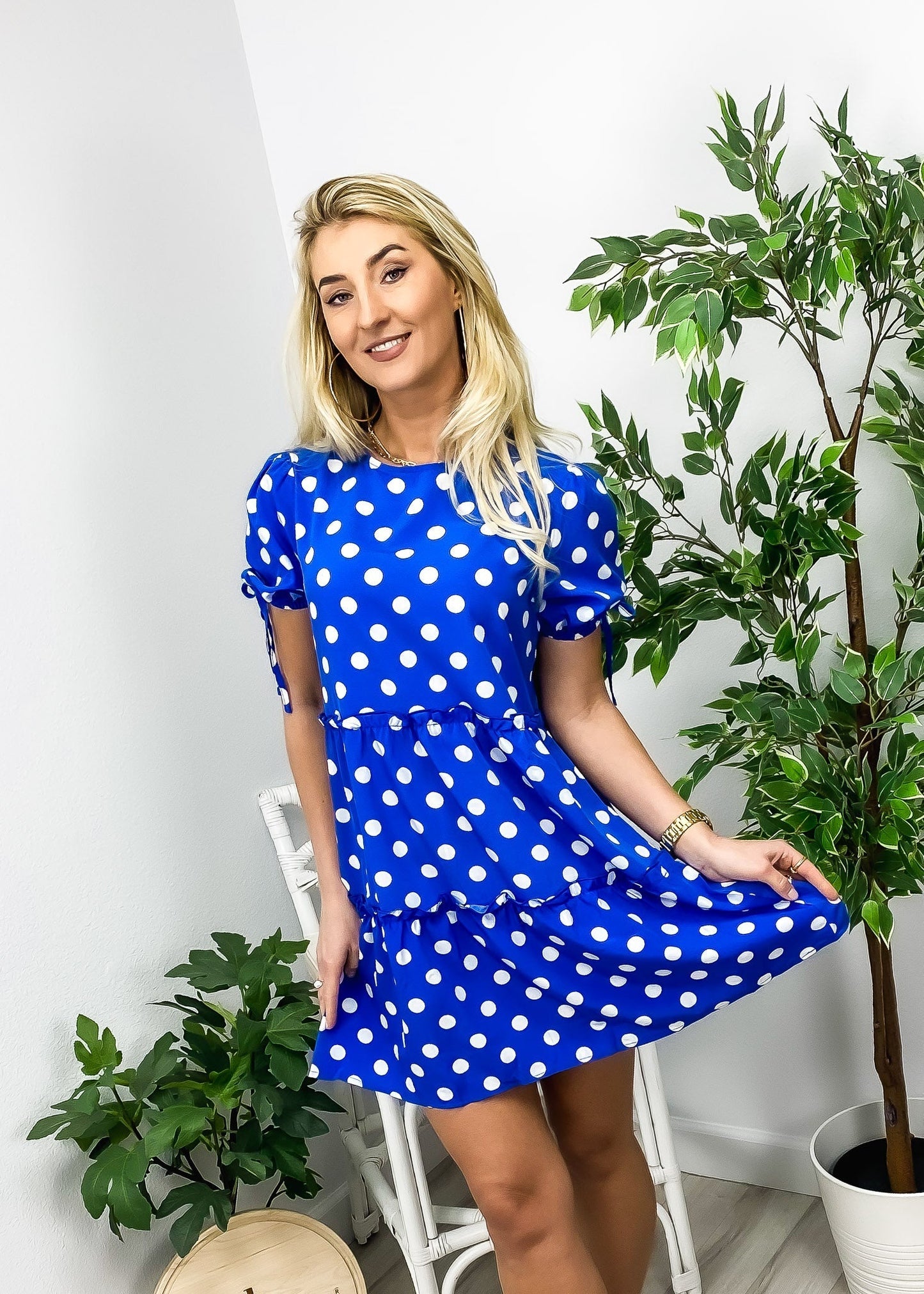 Dot Puff Sleeve Tiered Dress
