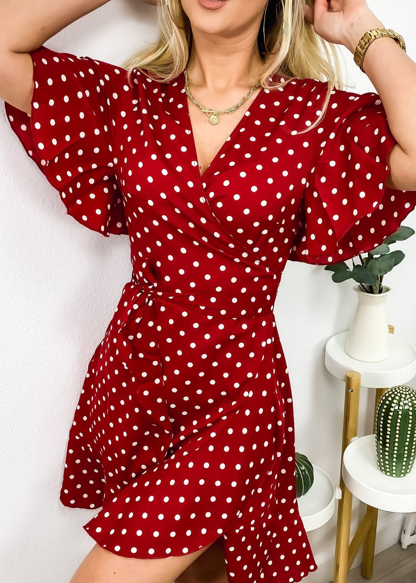 Polka Flutter Sleeve Wrap Dress