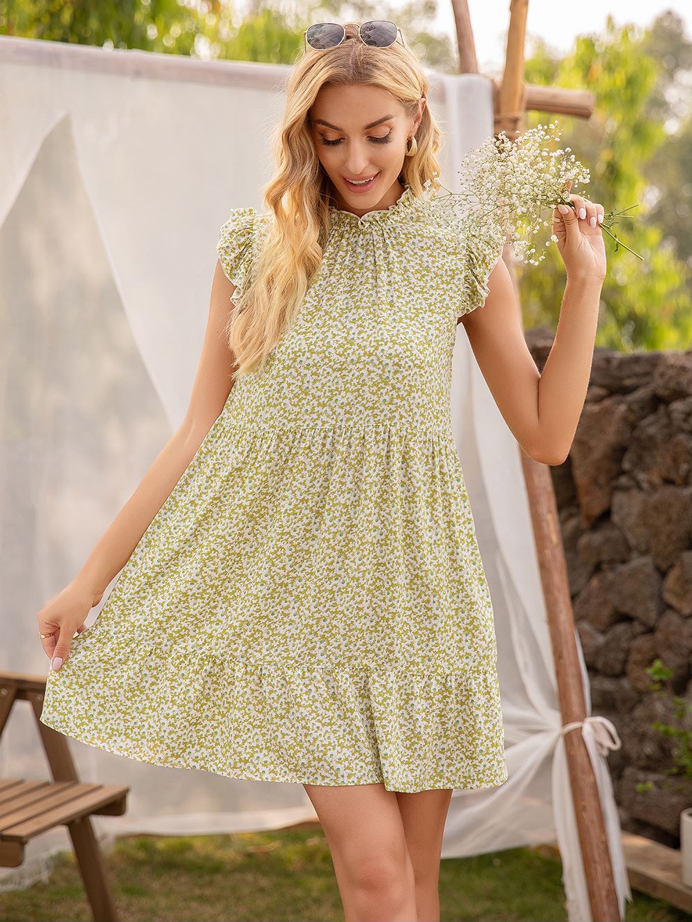 Smocked Neck Tunic Dress