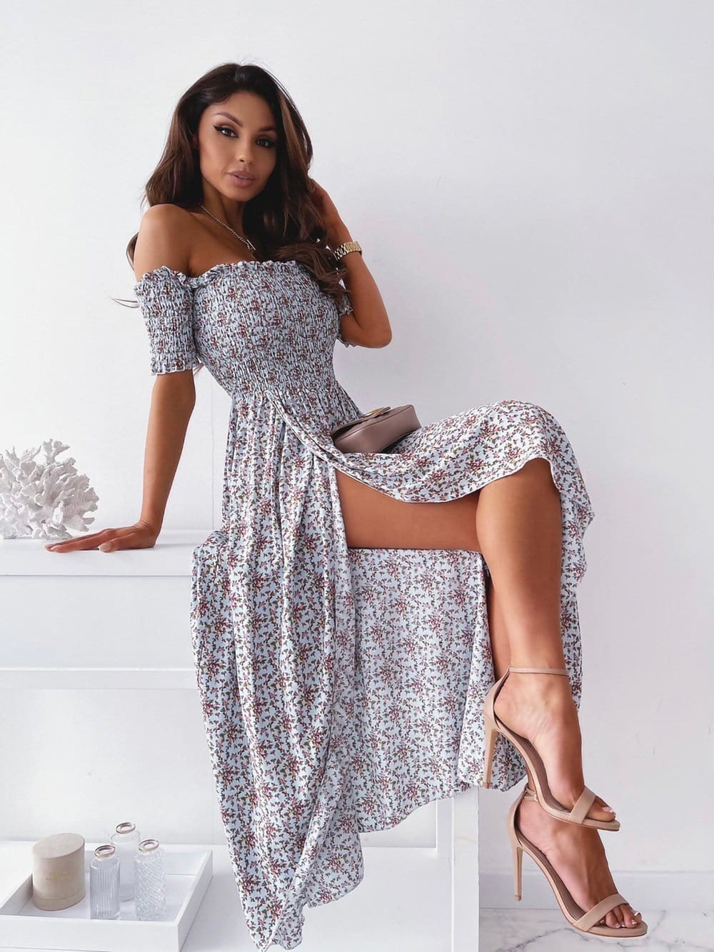 Smocked Wrap Off-Shoulder Dress
