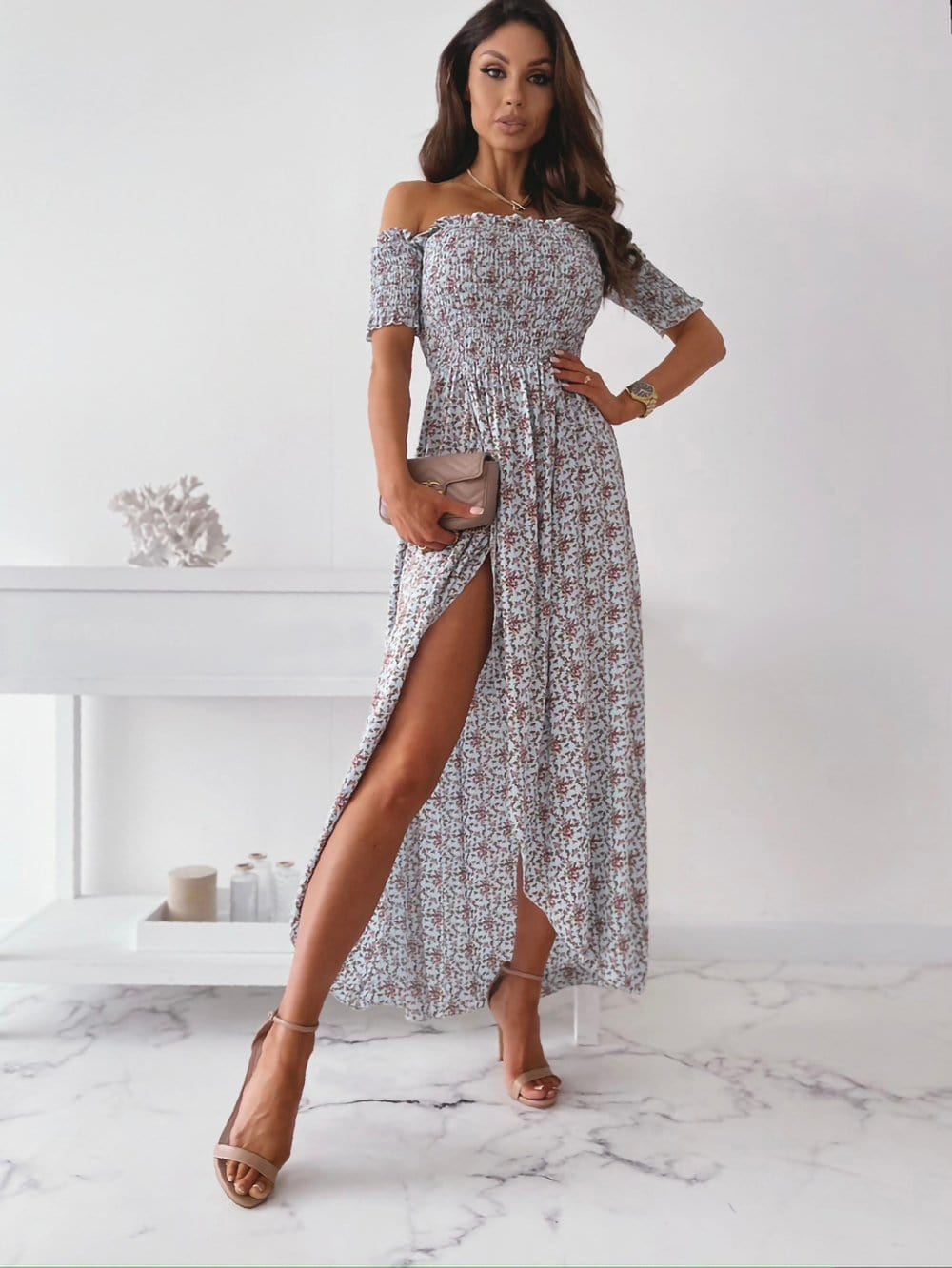Smocked Wrap Off-Shoulder Dress