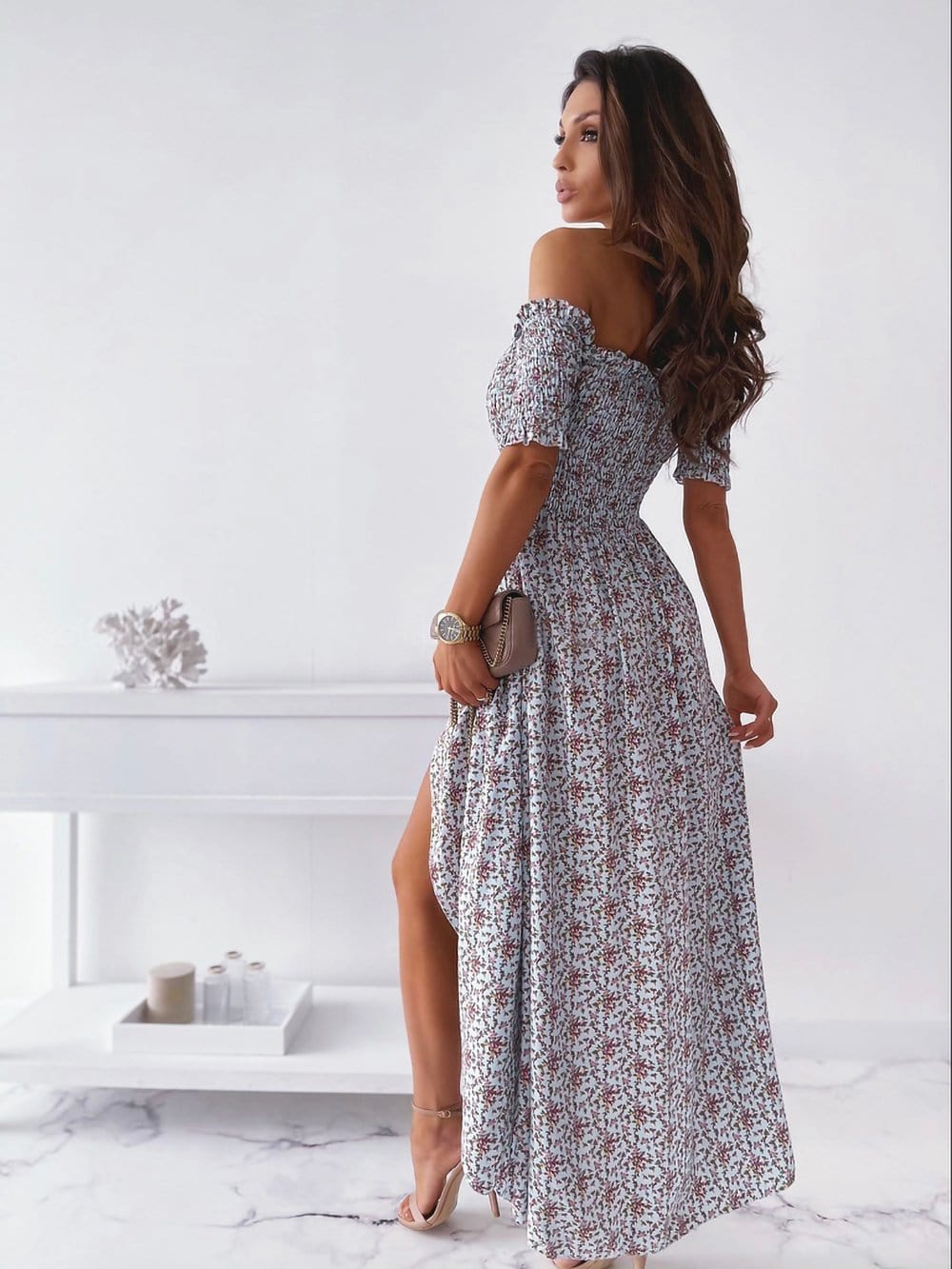 Smocked Wrap Off-Shoulder Dress