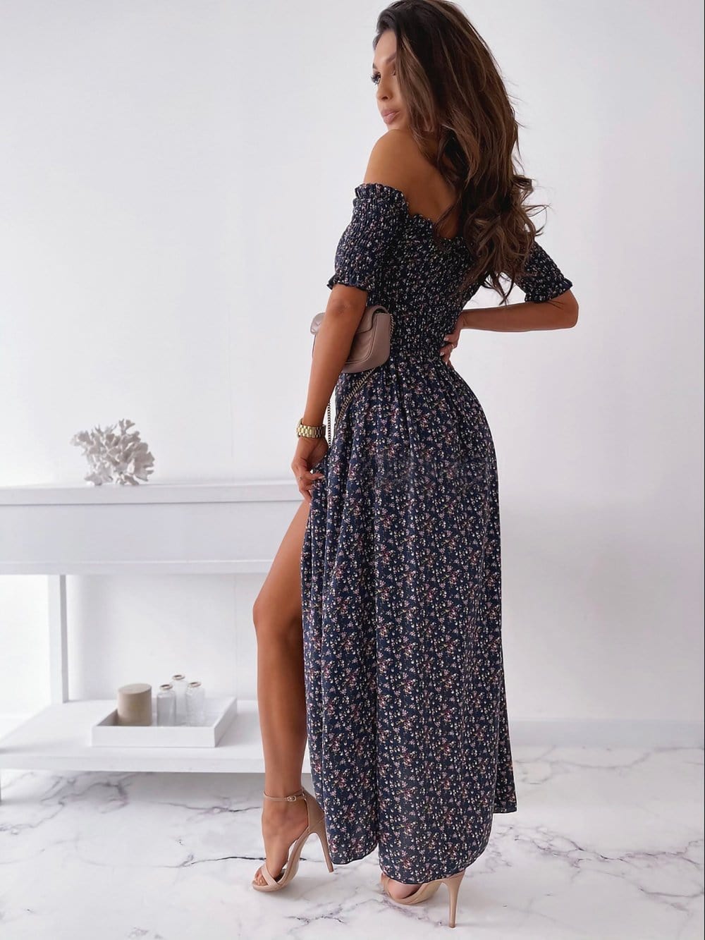 Smocked Wrap Off-Shoulder Dress