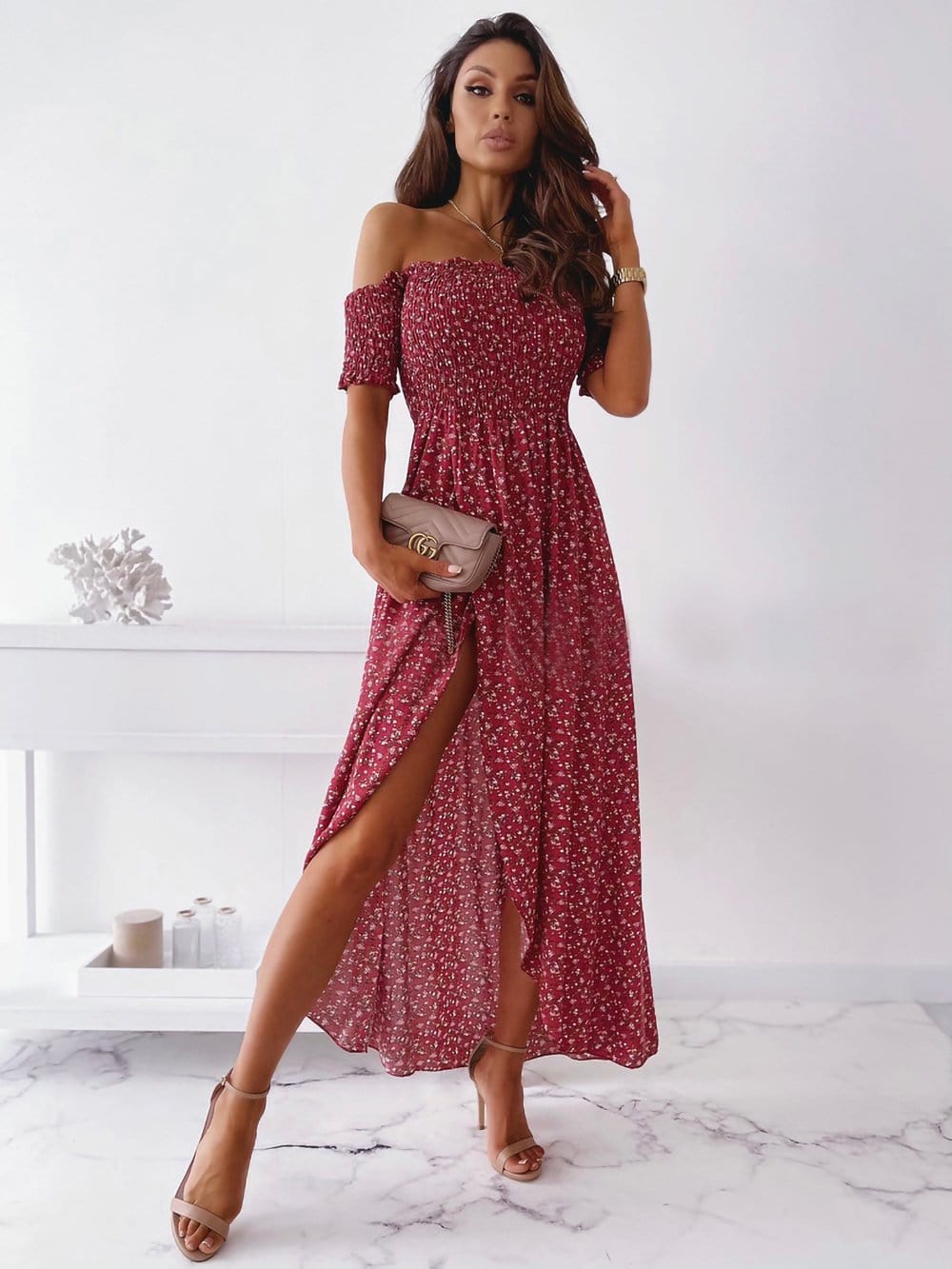 Smocked Wrap Off-Shoulder Dress