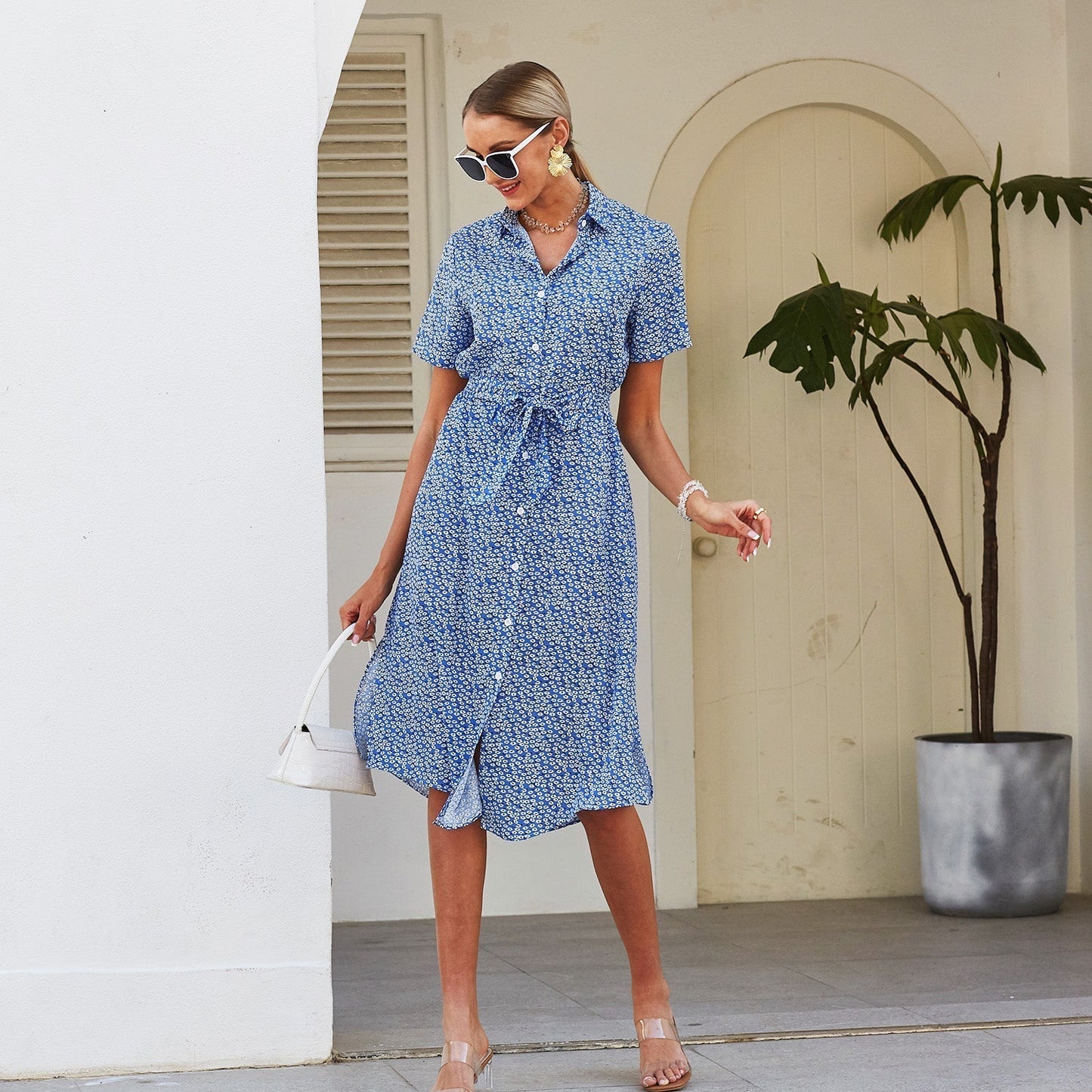 Button Down Smocked Collar Dress