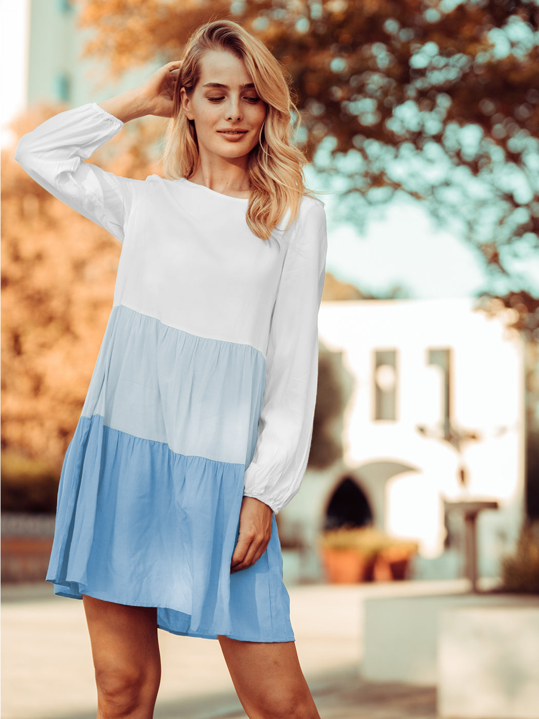 Colored Ruffle Sleeve Tunic Dress