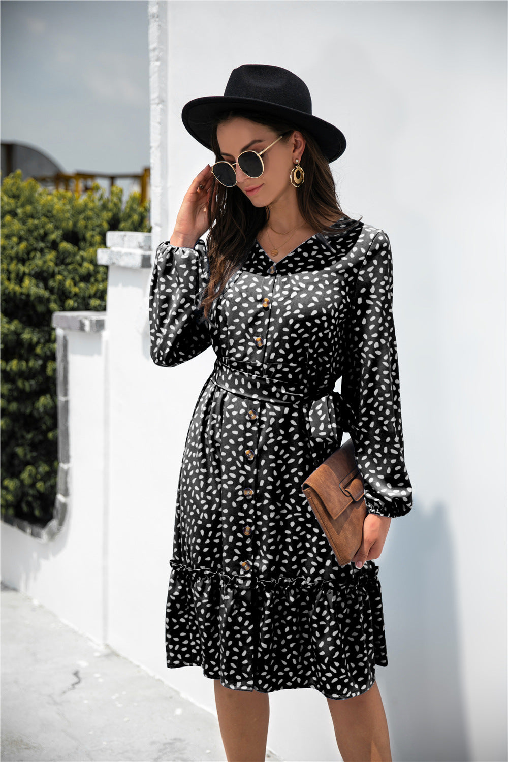 Print Button Ruffle Tunic Dress