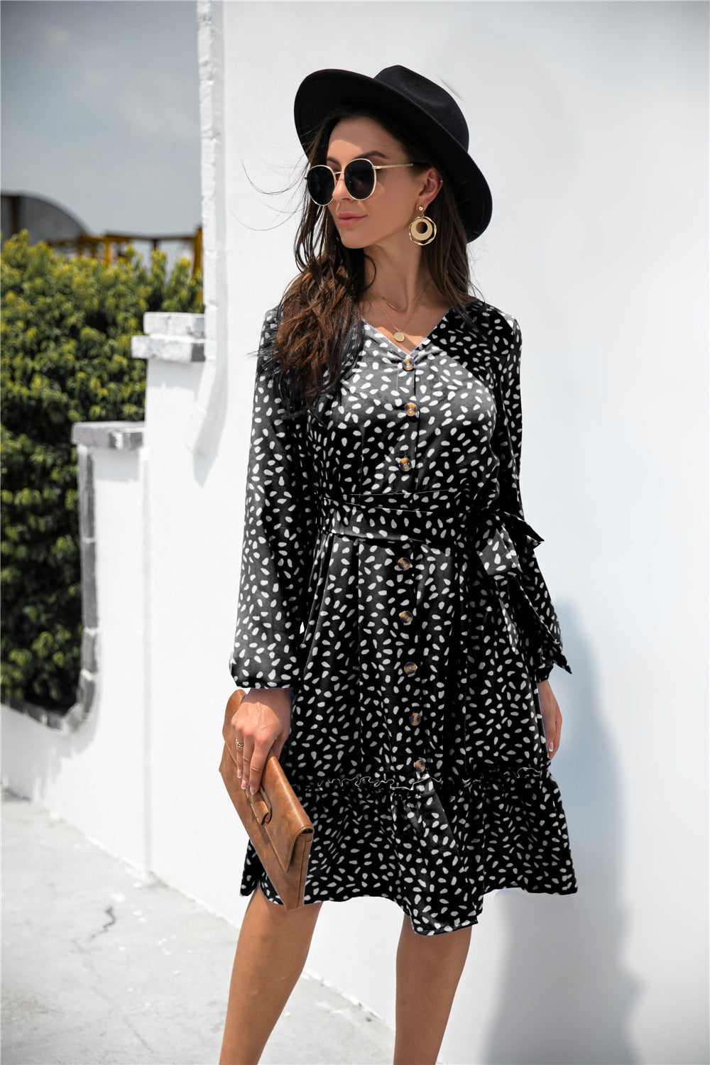 Print Button Ruffle Tunic Dress