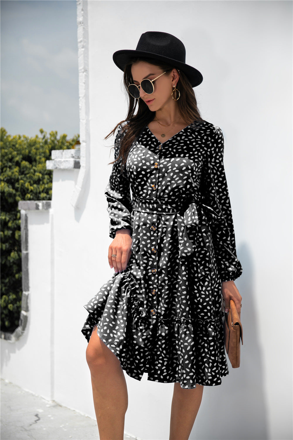 Print Button Ruffle Tunic Dress