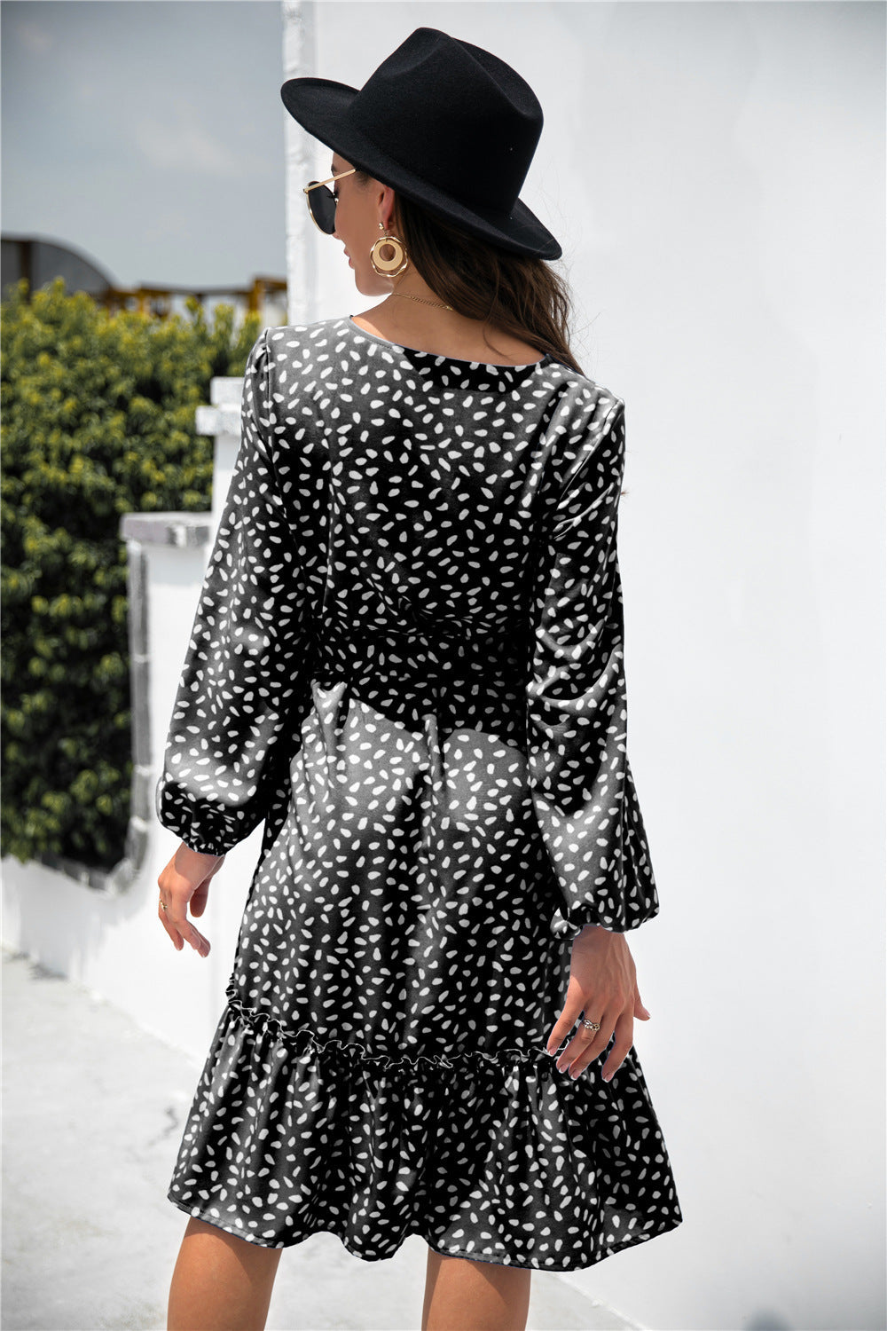 Print Button Ruffle Tunic Dress