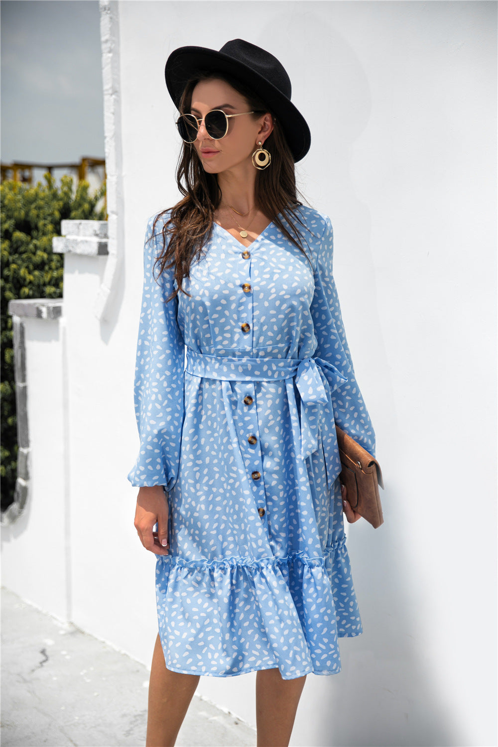 Print Button Ruffle Tunic Dress