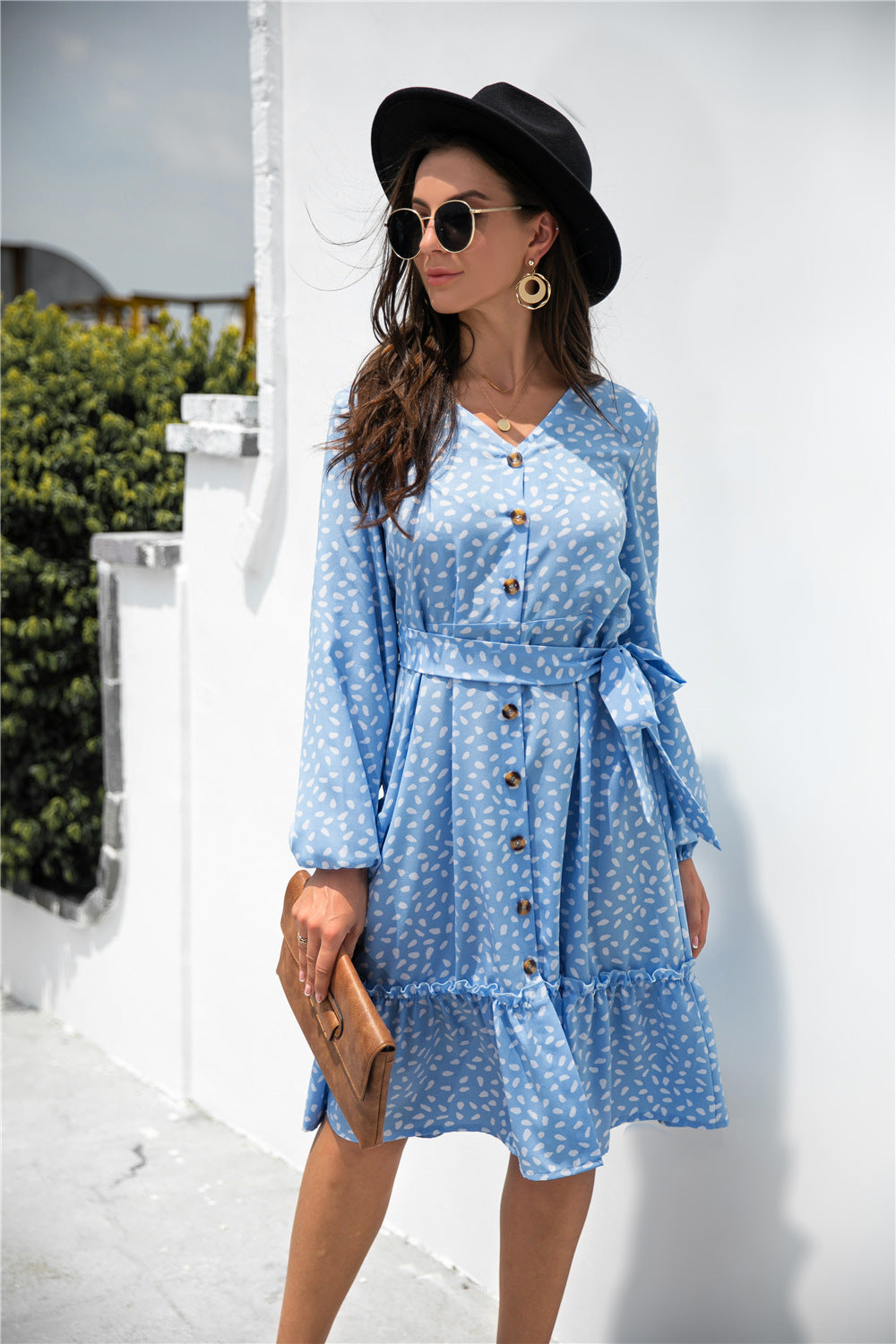 Print Button Ruffle Tunic Dress
