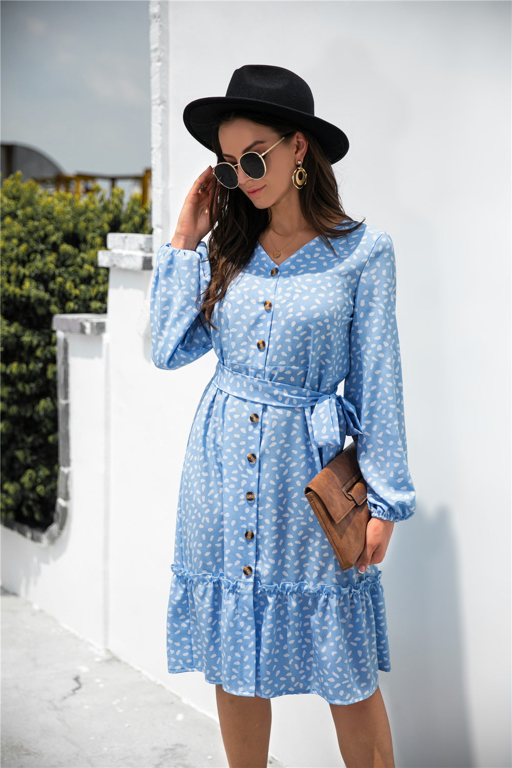 Print Button Ruffle Tunic Dress
