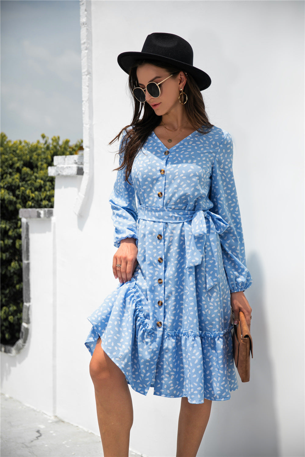 Print Button Ruffle Tunic Dress