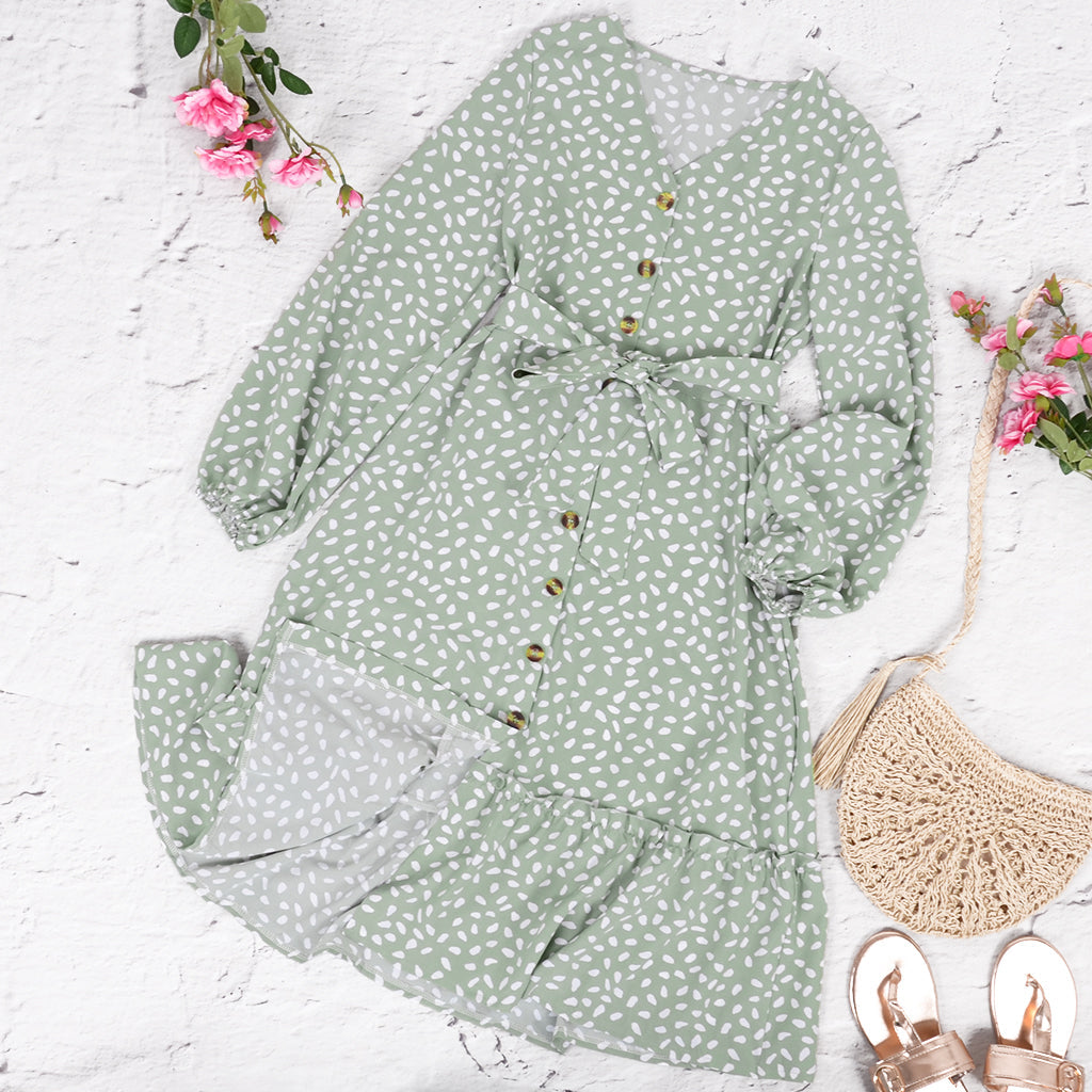 Print Button Ruffle Tunic Dress
