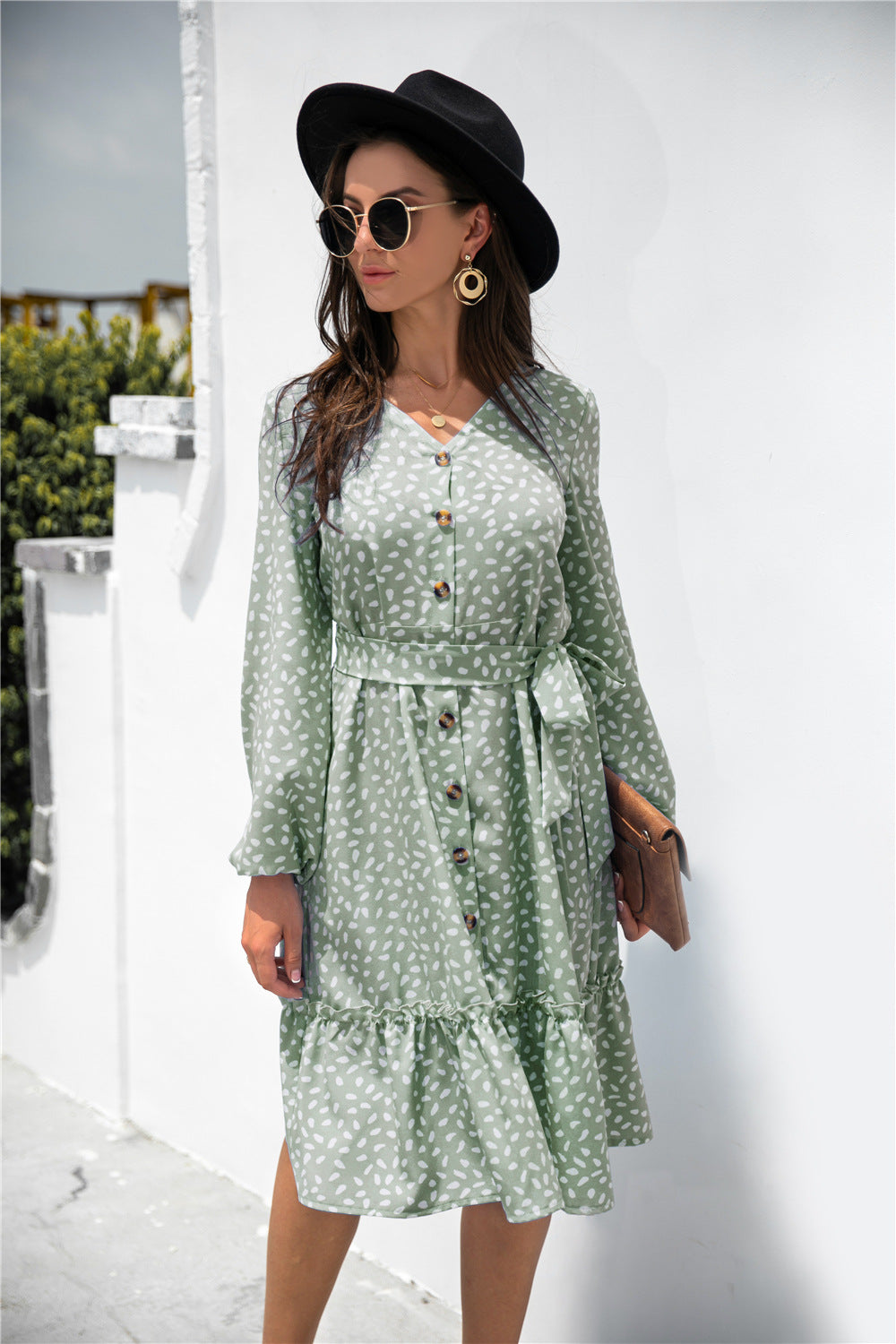Print Button Ruffle Tunic Dress