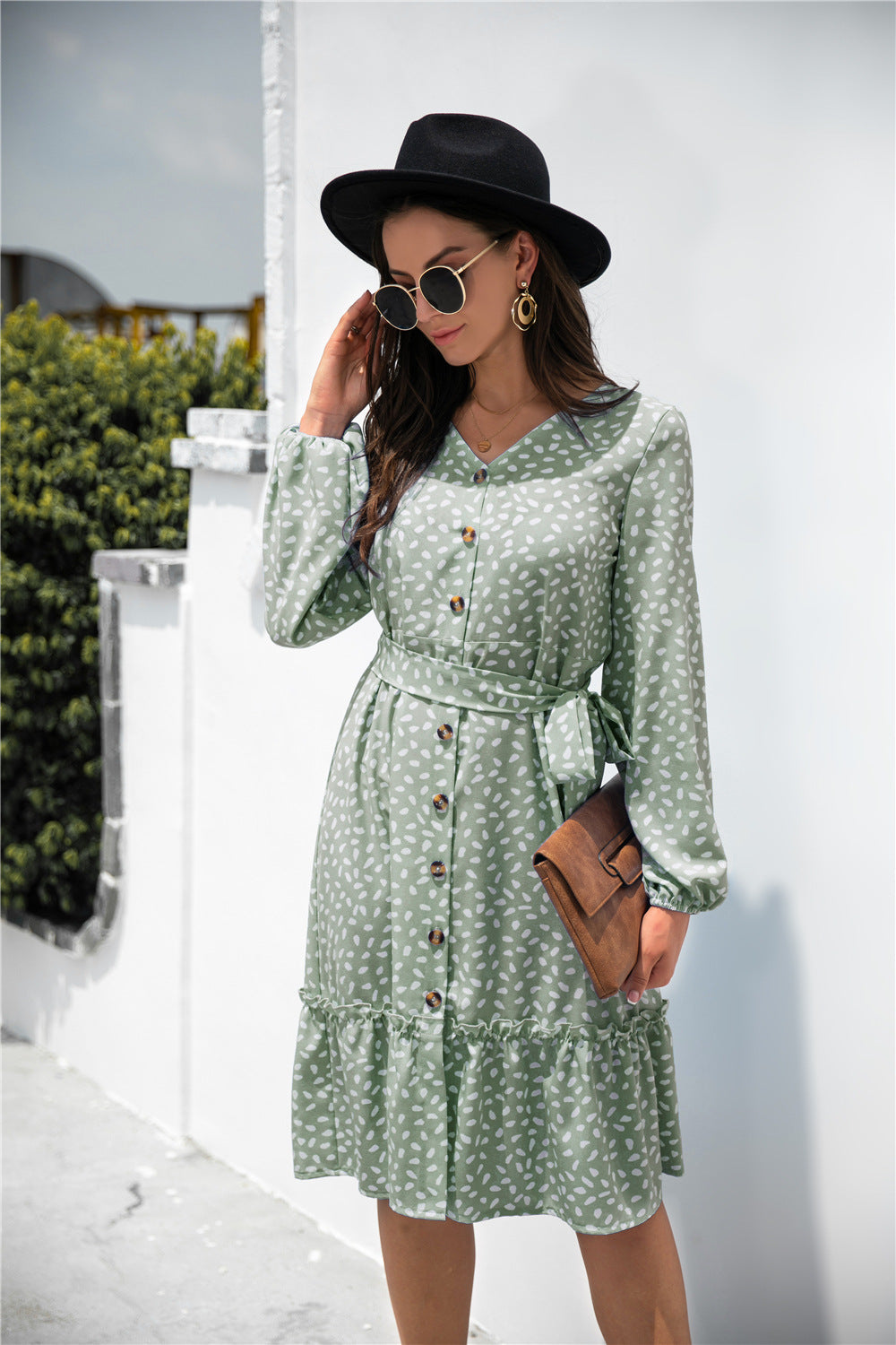 Print Button Ruffle Tunic Dress
