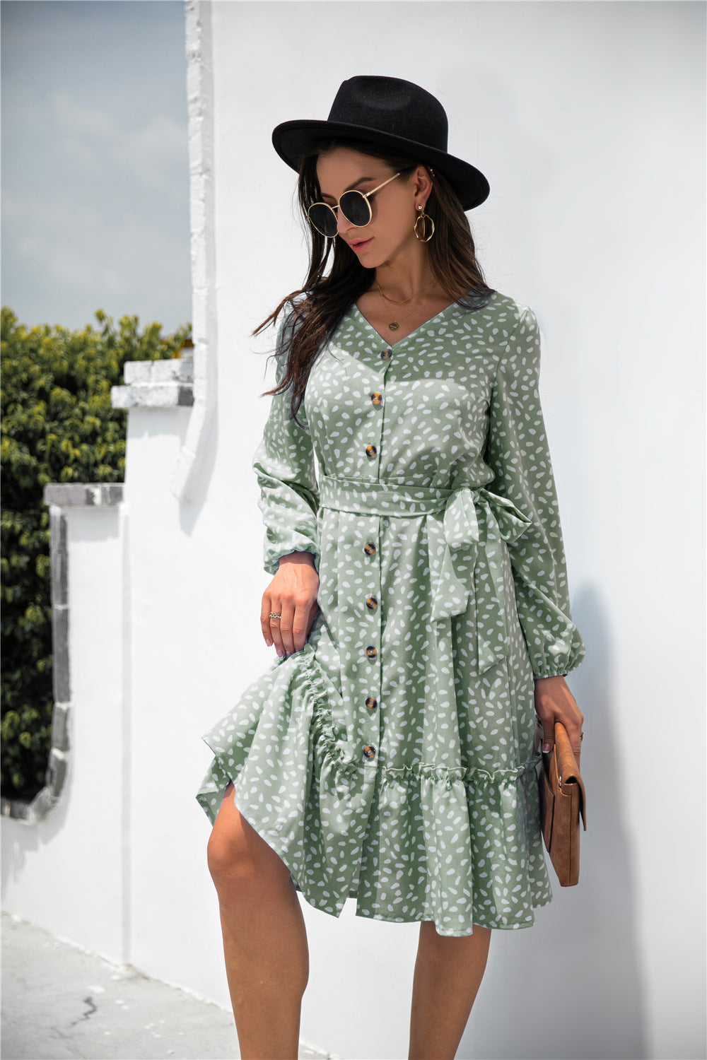 Print Button Ruffle Tunic Dress