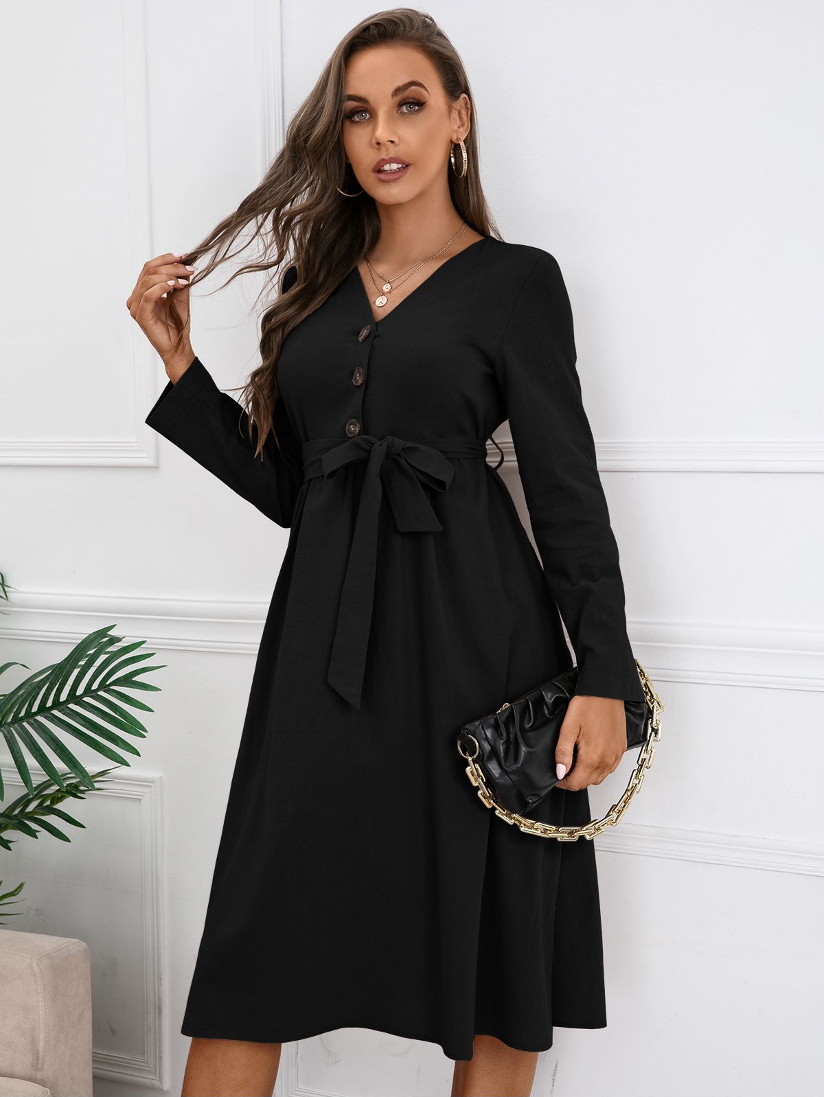 Solid Color Belted Dress