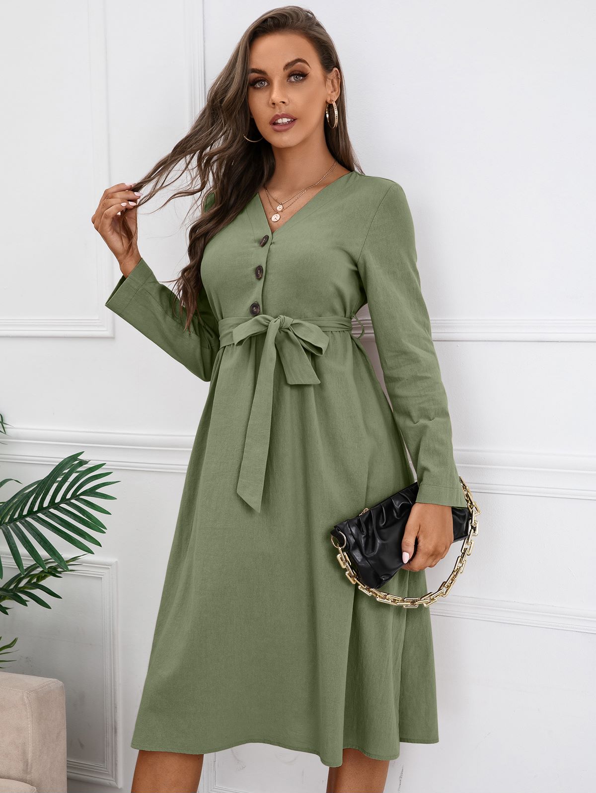 Solid Color Belted Dress