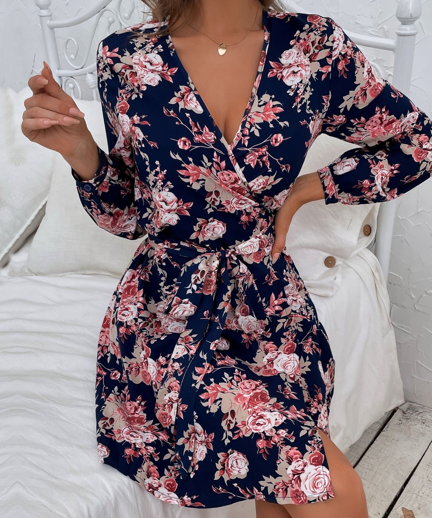 Plunge Neck Print Dress