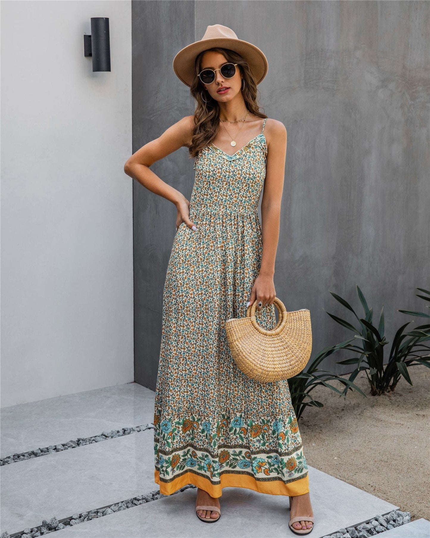 Floral V Neck Maxi Dress