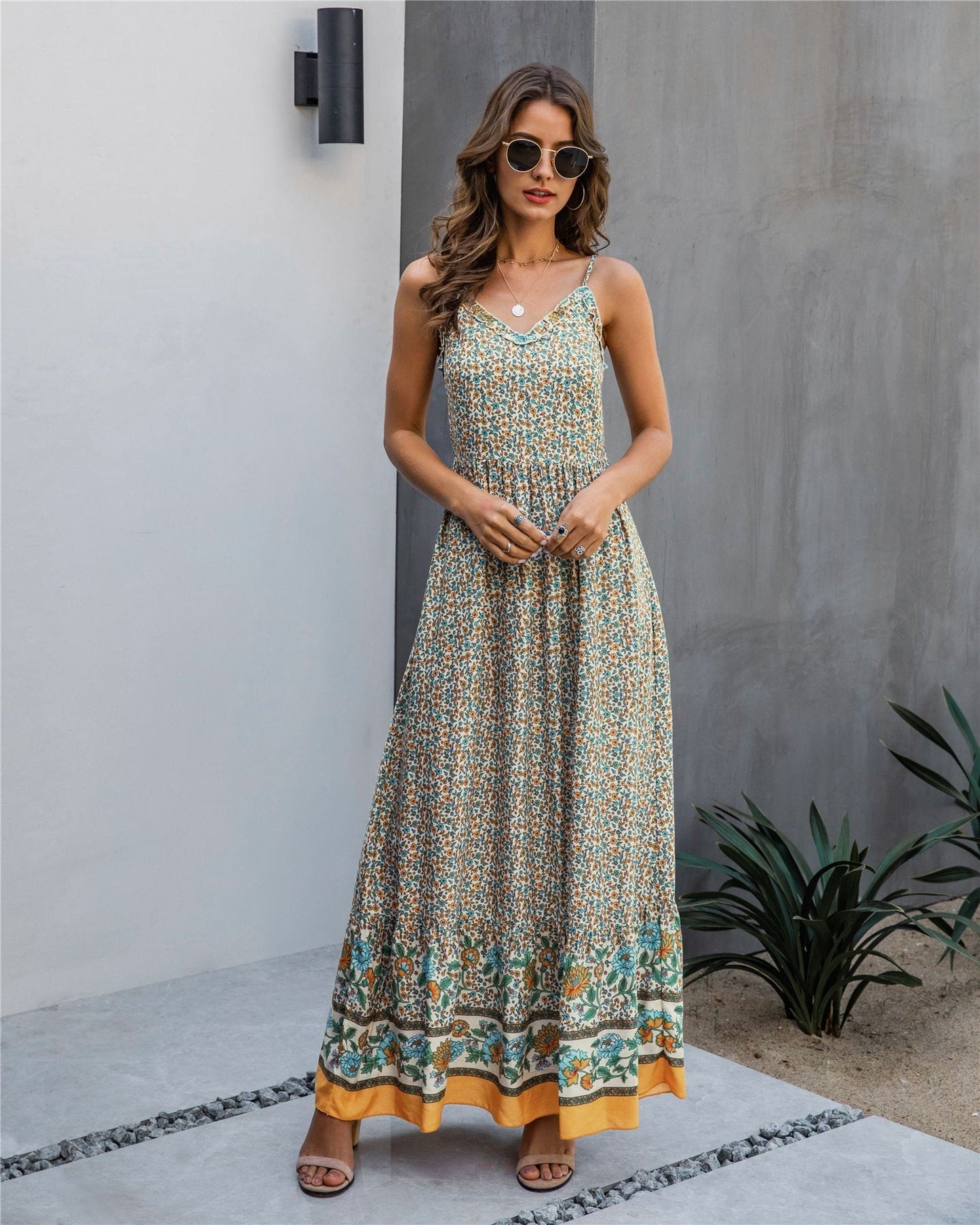 Floral V Neck Maxi Dress