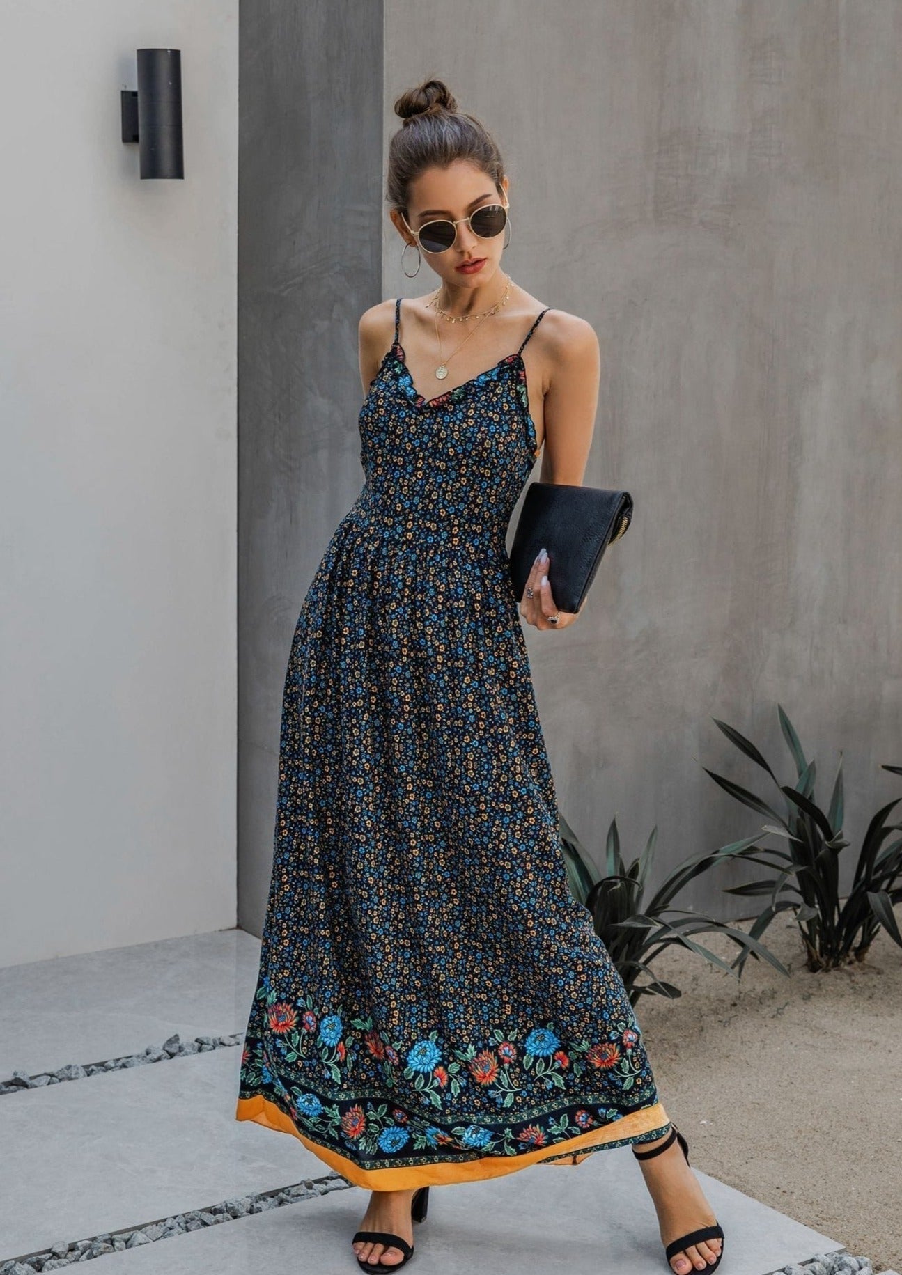 Floral V Neck Maxi Dress
