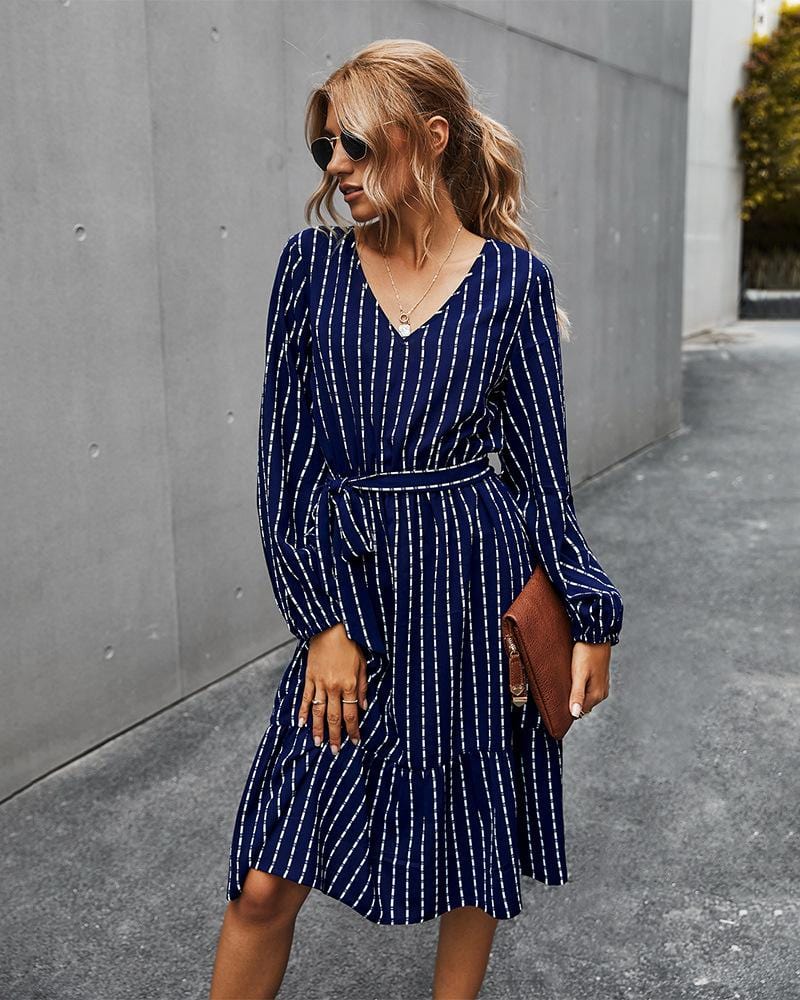 V Neck Tie Waist Dress