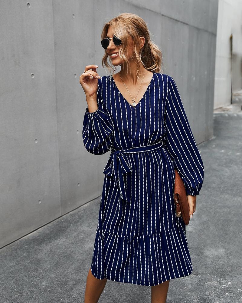 V Neck Tie Waist Dress