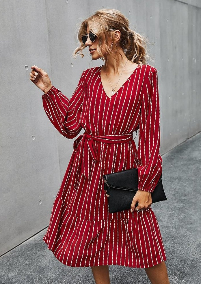 V Neck Tie Waist Dress