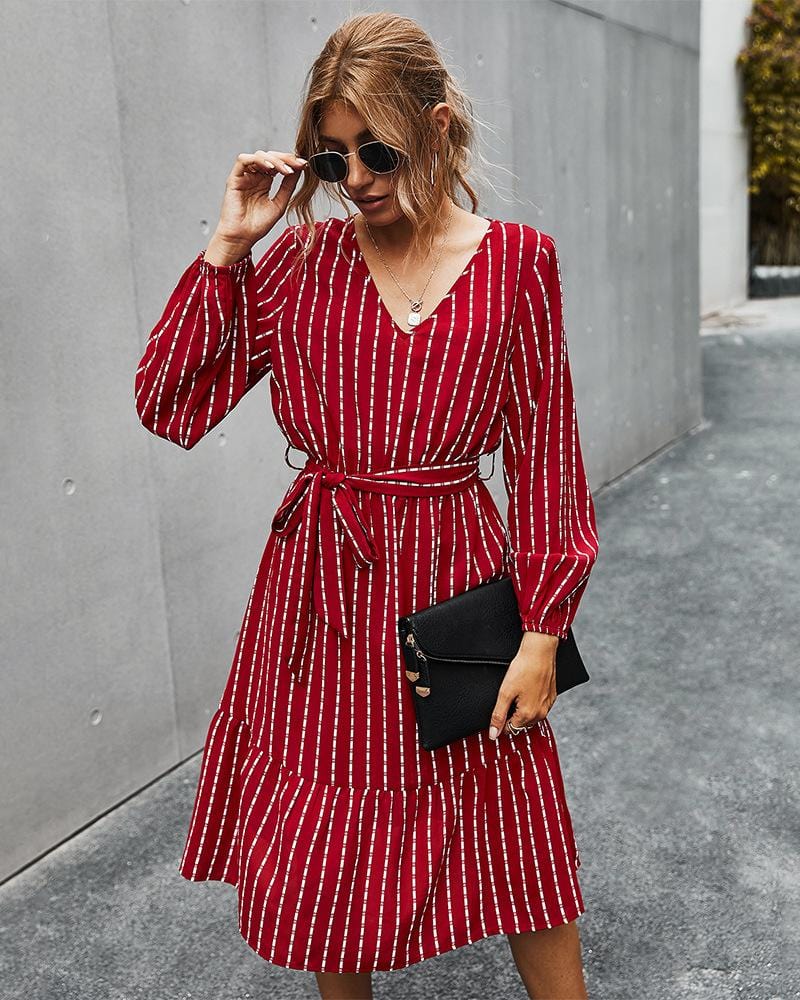 V Neck Tie Waist Dress