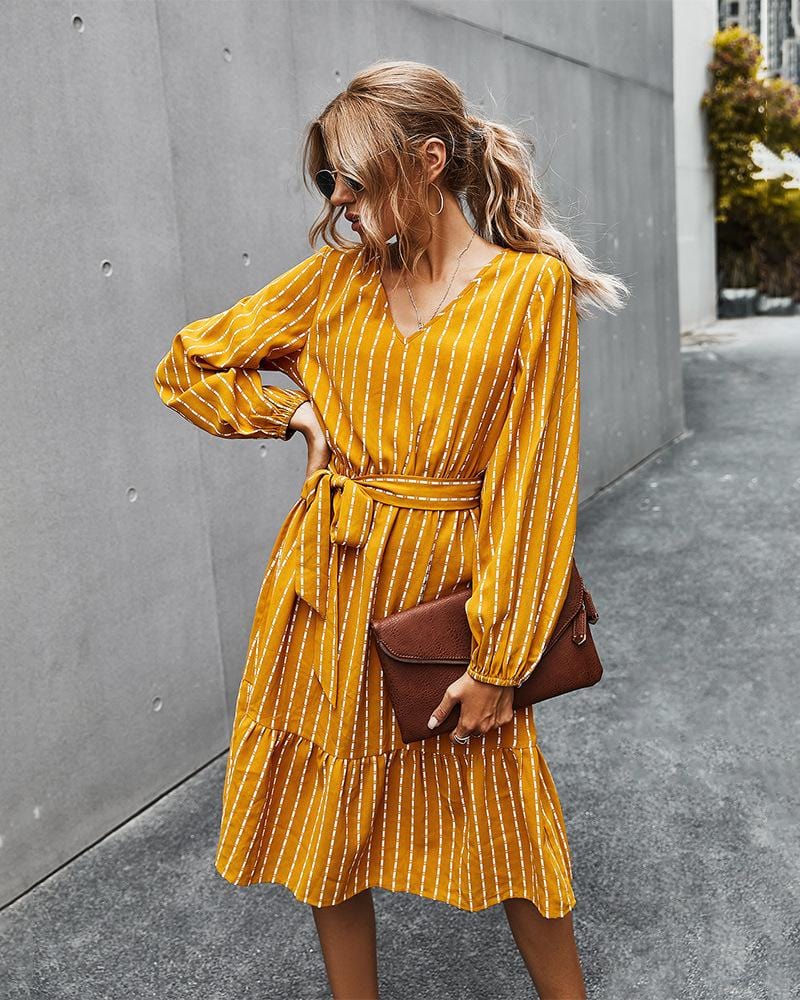 V Neck Tie Waist Dress