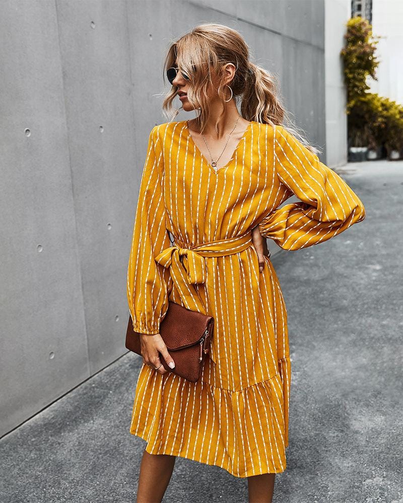 V Neck Tie Waist Dress