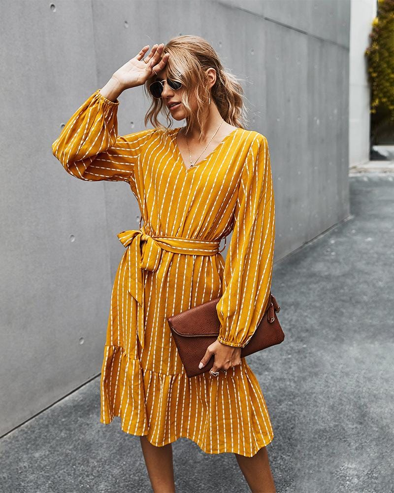 V Neck Tie Waist Dress