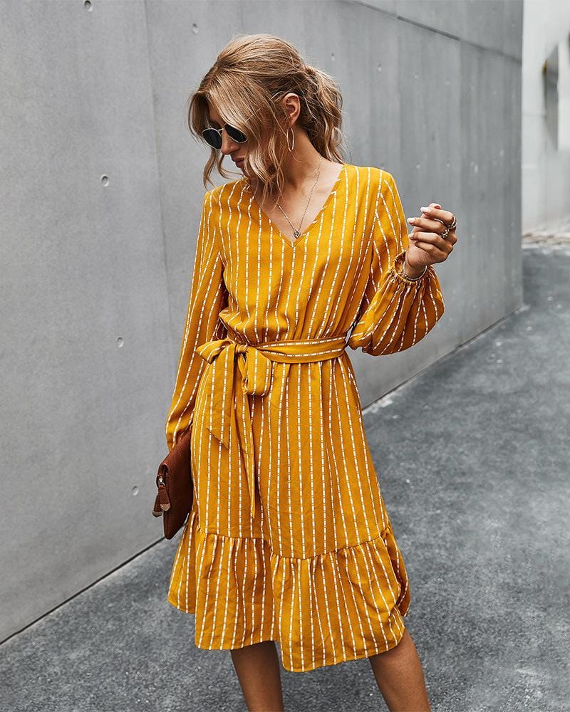 V Neck Tie Waist Dress