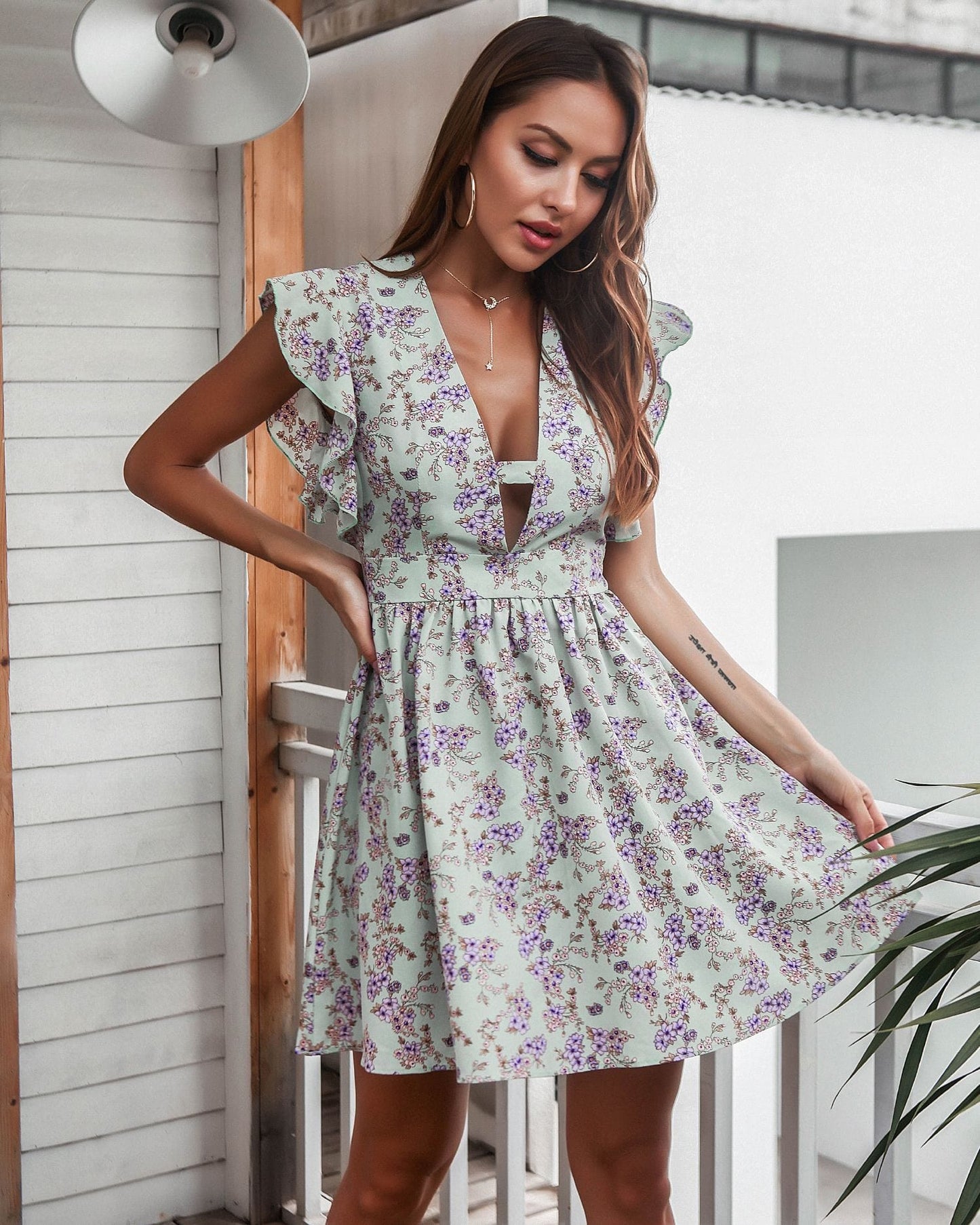 Plunge Ruffle Sleeve Dress