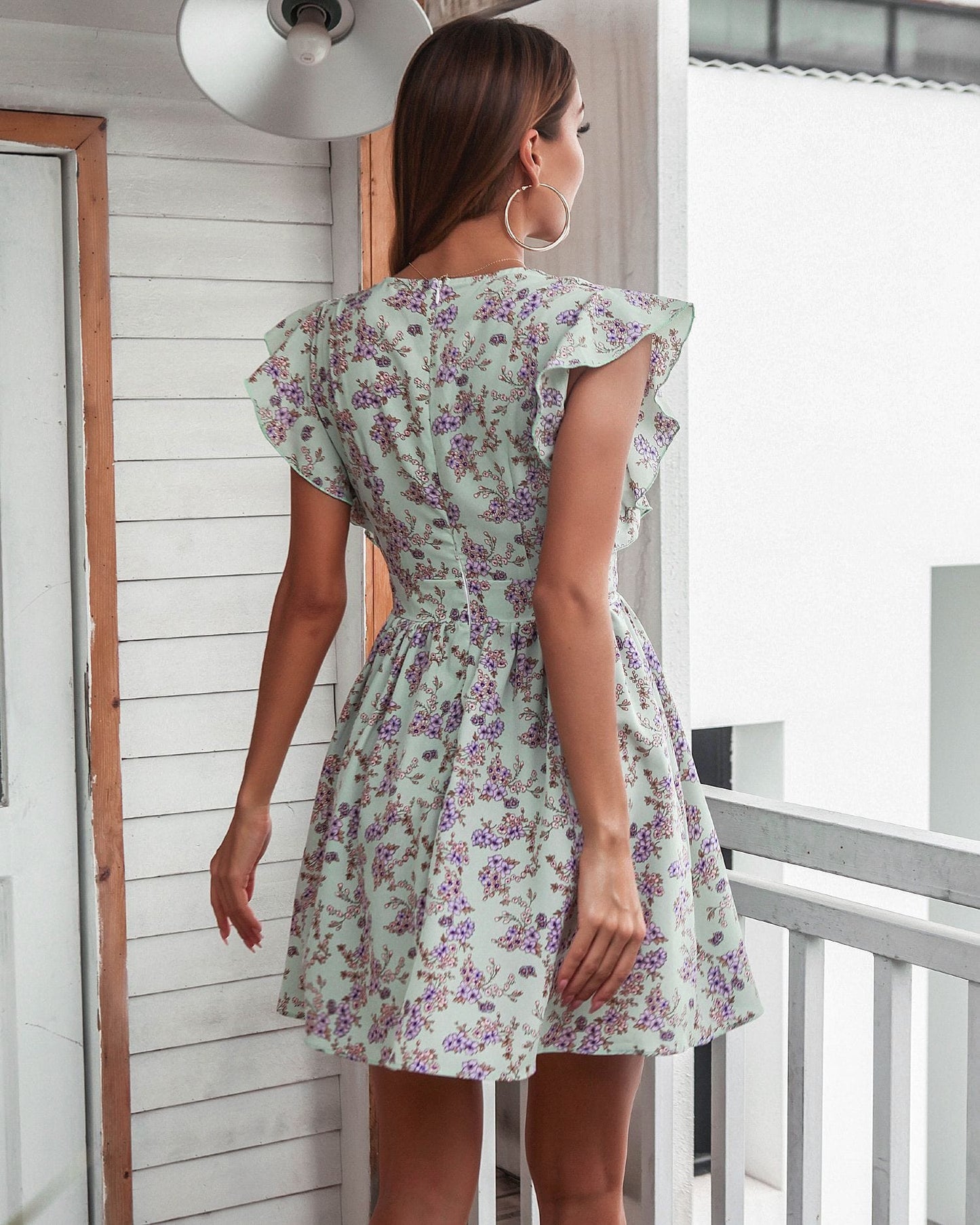Plunge Ruffle Sleeve Dress